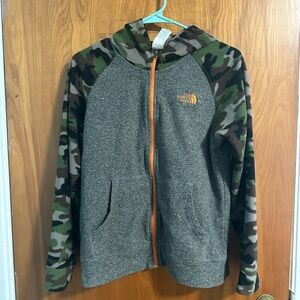 The North Face Gray and Camo Jacket with Orange Zipper